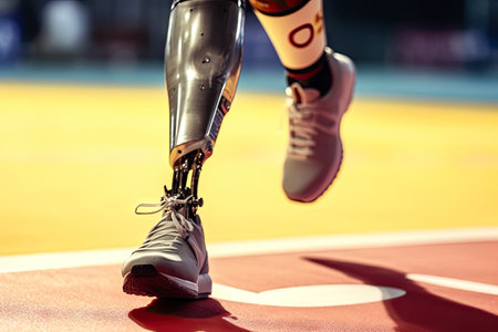 the remarkable breakthroughs achieved by an athlete with prosthetic legs as he shines brightly on the treadmill, reimagining what is possible and inspiring us all. illustration created by Generative AIの素材
