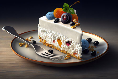 Sweet cheesecake with blueberries and raspberries, mint. Slice of dessert. Realistic illustration created by Generative AIの素材
