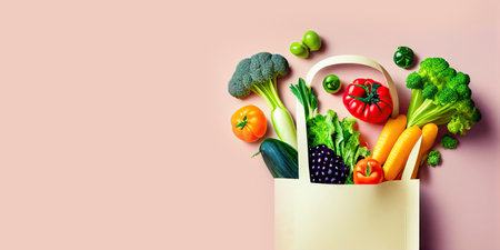 a wide range of nutrient-dense vegetables in this hand-picked selection presented in a paper bag. From vitamin-rich broccoli to antioxidant-rich tomatoes and peppers, this selection provides a balanced mix of flavors and health benefits. copyspace. illustration created by Generative AIの素材