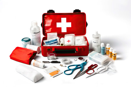 an open first aid kit containing a full set of medicines for emergency use. The kit is well equipped to handle minor injuries and provide immediate medical attention. isolated on white background. illustration created by Generative AIの素材