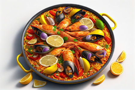 Seafood Paella: mussels and shrimps in a frying pan. Traditional Spanish dish in the fry pan on a white table close-up. Realistic illustration created by Generative AIの素材