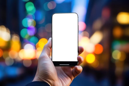 A portable mobile phone is held in the hand showing a blank white screen. The clean and minimalist design allows for versatile use and personalized content, offers endless possibilities for design projects, advertise. mockup. illustration created by Generative AIの素材