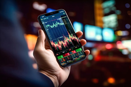 hands holding a smartphone with color graphics displayed on the screen of the device. e business concept. illustration created by Generative AIの素材
