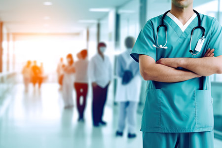 An experienced doctor or nurse is shown in the context of a hospital, symbolizing the vital role of healthcare professionals in providing medical care. The image highlights the importance of expertise and compassionate patient care in a clinical environment. illustration created by Generative AIの素材