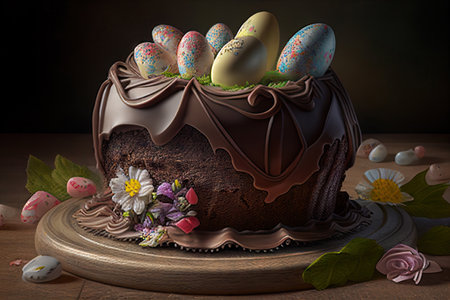Easter cake kulich and egg on the table. Happy easter backdrop for spring holiday. fresh sweet food holiday snack dessert meal . Realistic illustration created by Generative AIの素材