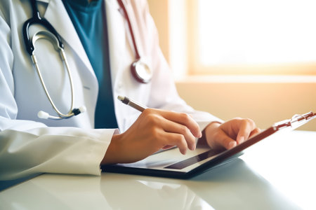 iA skilled physician wearing a medical gown sits at a table, meticulously recording important information during a medical consultation. illustration created by Generative AIの素材
