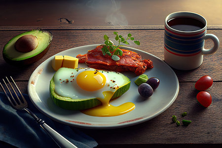 Keto diet concept. Keto breakfast: eggs, avocado, fish, meat, tomato, vegetables on a plate. Realistic illustration created by Generative AIの素材