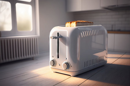 Toaster with dishes and sandwiches on a light kitchen table. Realistic illustration created by Generative AIの素材