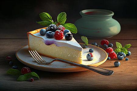 Classic plain New York Cheesecake sliced on wooden board, closeup view, selective focus. Realistic illustration. Created by Generative AIの素材