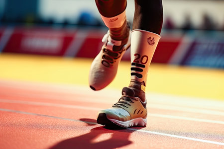 new opportunities for an athlete with prosthetic legs who runs fearlessly on a treadmill and proves that resilience and determination can overcome any obstacles. illustration created by Generative AIの素材