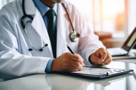 A professional doctor in a medical gown and with a stethoscope sits at a table and diligently makes important medical records. illustration created by Generative AIの素材