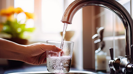 A hand pours clean drinking water from a kitchen tap into a glass cup. Represents the satisfaction of thirst and the availability of clean water. illustration created by Generative AIの素材