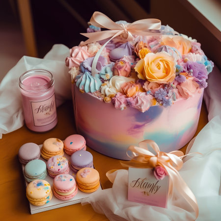 Celebrate your special day with this delicious birthday cake adorned with an assortment of colorful sweets. Perfect for satisfying your sweet tooth and making your celebration even more memorable. Realistic illustration created by Generative AIの素材