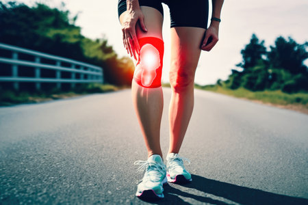 while walking in the backdrop of a scenic road in the countryside, an person embodies the physical distress and soreness in their knee. illustration created by Generative AIの素材