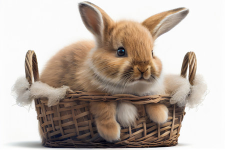 This heartwarming image showcases a cute and cuddly bunny rabbit sitting in a cozy basket. The rabbit's adorable features and soft fur make it a charming image that anyone can enjoy. Realistic illustration created by Generative AIの素材