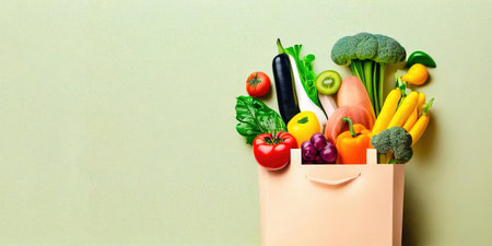 Enjoy the taste of a rich garden with this assortment of freshly picked vegetables packed in a paper bag. From fresh peppers and broccoli to fragrant greens, this collection offers a variety of ingredients to take your cooking to the next level. copyspace. illustration created by Generative AIの素材