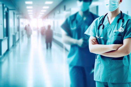 Experienced doctors or nurses in medical uniforms stand with their arms crossed over their chests in the corridor of a medical institution. illustration created by Generative AIの素材