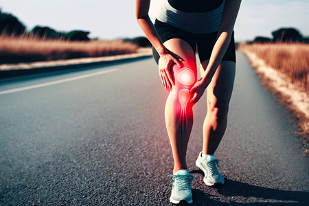 By crouching and wrapping his arms around his leg on the side of the road, a runner demonstrates the discomfort and restlessness felt in the knee joint. illustration created by Generative AIの素材