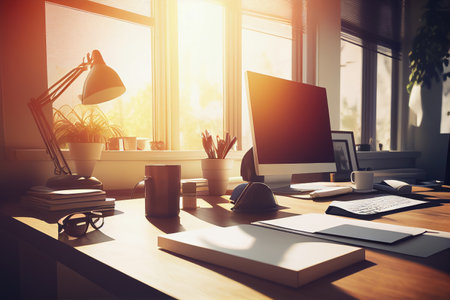 The photo shows the ideal workplace that combines comfort, ergonomics and functionality. A modern stylish desk, a comfortable chair, a monitor, a keyboard and a mouse will help you make your work as productive as possible. selective focus. Realistic illustration created by Generative AIの素材