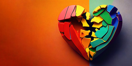 A falling heart breaking into small pieces, painted in the colors of the rainbow. It serves as a reflection on the challenges faced by the LGBT community and their ability to rise above adversity with resilience. illustration created by Generative AIの素材