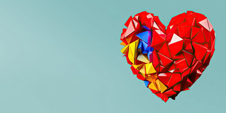 A heart that was shattered, resulting in many multi-colored pieces, and then glued back together, but the cracks remained. It conveys emotions associated with the breakup of relationships and unfulfilled love. illustration created by Generative AIの素材