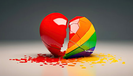 A visual representation of a heart broken into numerous colorful pieces. Symbolizes the pain of broken relationships and unreciprocated affection. illustration created by Generative AIの素材