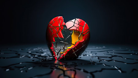 A visual representation of a heart fragmented into various colorful pieces. Represents the idea of shattered connections and unreciprocated affection. illustration created by Generative AIの素材