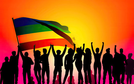 A poignant depiction of silhouettes against the backdrop of the LGBT rainbow flag, representing the values of love, acceptance, and support within the LGBTQ+ community and beyond. illustration created by Generative AIの素材