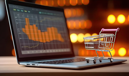 A visual representation of online shopping performance, featuring a shopping trolley placed on a laptop keyboard. Graphs and charts are shown on the laptop screen, depicting data analysis and insights. illustration created by Generative AIの素材