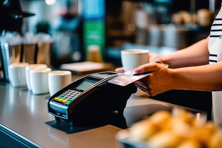 Embracing the convenience of digital transactions, a customer pays for their order at a vibrant shop using a credit card. The sleek and modern payment method enhances the overall experience, making it easy for customers to enjoy their favorite items. illustration created by Generative AIの素材