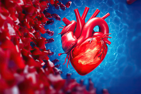 A heart symbol alongside vibrant blood cells. This image symbolizes the intricate relationship between the heart and the circulatory system. Perfect for medical presentations, websites, and publications. illustration created by Generative AIの素材