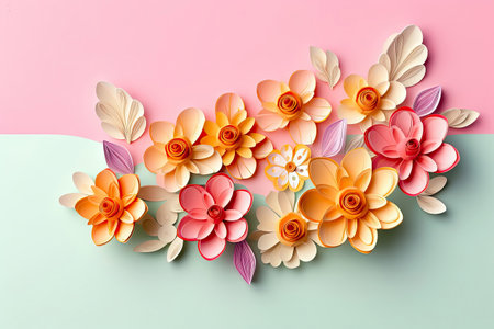Step into a world of whimsy and imagination with this stunning bouquet of flowers created in kirigami style. The vibrant colors and intricate paper folds bring this enchanting artwork to life. illustration created by Generative AIの素材