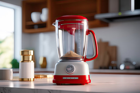 iThe perfect blend of convenience and versatility with this modern kitchen blender. A contemporary blender placed against a kitchen backdrop, highlighting its advanced features and reliability in helping you prepare your favorite recipes. llustration created by Generative AIの素材