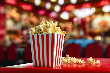 Experience the irresistible temptation of buttery, crispy popcorn presented in a delightful paper cup adorned with eye-catching red and white stripes. This mouthwatering snack is perfect for satisfying cravings and adding a touch of whimsy to any occasion. illustration created by Generative AIの素材
