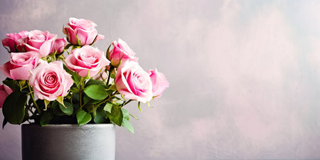 Capture the essence of romance with this stunning bouquet of pink roses elegantly presented in a basket. coppy space. illustration created by Generative AIの素材