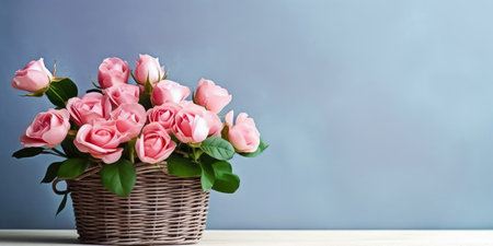 Experience elegance and charm with this exquisite arrangement of pink roses showcased in a traditional wicker basket. coppy space. illustration created by Generative AIの素材