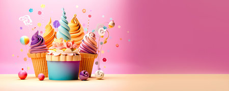 Celebrate your special day with these adorable kirigami-style paper birthday sweets. Immerse yourself in the beauty of the intricate folds and subtle details that make this dessert a true work of art. coppy space. illustration created by Generative AIの素材