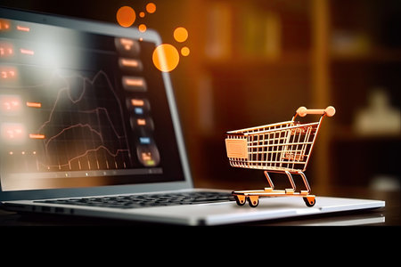 Explore digital commerce analytics with this image showcasing a shopping trolley placed on a laptop keyboard. The laptop screen displays graphical representations of data and statistics related to shopping carts. illustration created by Generative AIの素材