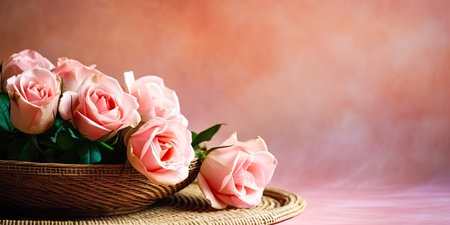 Adorn your space with the grace and beauty of these pink roses artfully arranged in a charming wicker basket. coppy space. illustration created by Generative AIの素材