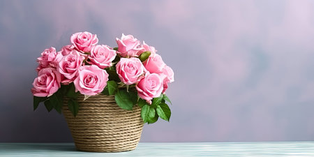 A beautiful bouquet of delicate pink roses arranged in a wicker basket, perfect for expressing love and affection. coppy space. illustration created by Generative AIの素材