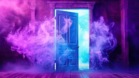 Enveloped in an aura of mystical light, a magical mist, this mesmerizing doorway offers an enchanting passage into unexplored realms and hidden secrets. illustration created by Generative AIの素材