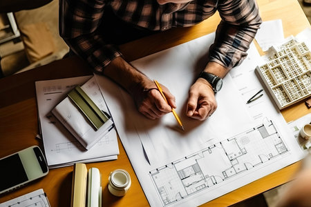 The blend of creativity and precision in action as this talented man meticulously works on project documentation. With a pencil in his hands, he brings ideas to life, ensuring every detail is captured for a successful project outcome. illustration created by Generative AIの素材