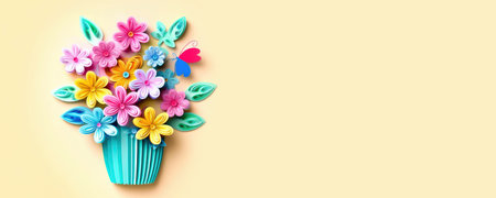 Behold the craftsmanship of this handmade floral masterpiece. Each flower in this kirigami bouquet is a testament to the artist's skill, showcasing a harmonious blend of colors and the delicate art of paper folding. coppy space. illustration created by Generative AIの素材