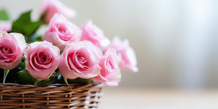 Bring a touch of rustic charm to any occasion with this lovely bouquet of pink roses displayed in a rustic wicker basket. coppy space. illustration created by Generative AIの素材