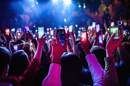 Immersive concert experience as the audience holds up their mobile phones, capturing the electrifying ambiance, dynamic lighting, and the artist's passionate performance. illustration created by Generative AIの素材