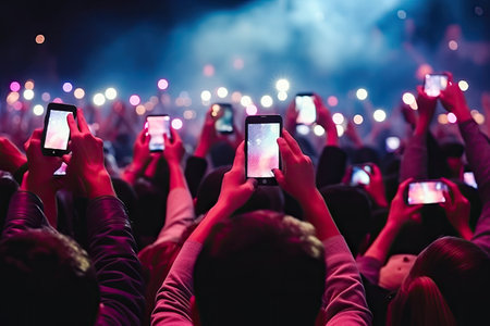 Magical evening at a concert where attendees enthusiastically raise their mobile phones, creating a captivating visual as they record and share the extraordinary music and unforgettable memories. illustration created by Generative AIの素材