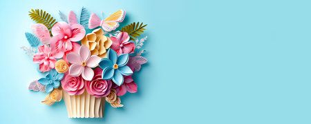 Immerse yourself in the beauty of this vibrant bouquet made with the intricate art of kirigami. Each flower is meticulously crafted from paper, showcasing a burst of colors and artistic expression. coppy space. illustration created by Generative AIの素材