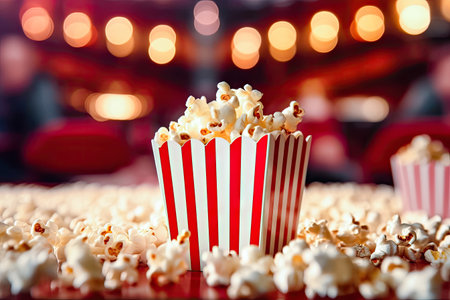 Savor the irresistible taste of freshly popped popcorn served in a charming paper cup with iconic red and white stripes. This appetizing snack is perfect for movie nights, parties, and enjoying moments of pure indulgence. illustration created by Generative AIの素材