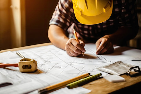 The expertise and dedication of this professional as he engages in the meticulous process of project documentation. The image showcases him holding a pencil, symbolizing his attention to detail and commitment to delivering high-quality work. illustration created by Generative AIの素材