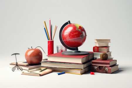The world of education with a collection of essential school supplies. From a globe that represents global learning to books, pencils, and an apple symbolizing knowledge and appreciation, this embodies the essence of a well-equipped learning environment. illustration created by Generative AIの素材